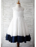 Ivory Lace Navy Blue Trim V Back Big Bow Knee Length Flower Girl Dress   Ivory Lace Navy Blue Trim V Back Big Bow Knee Length Flower Girl Dress